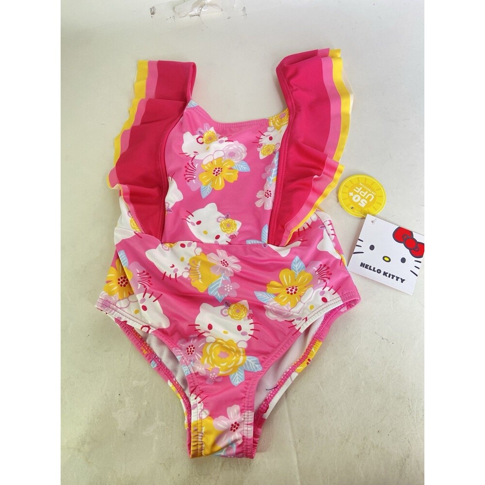 Hello Kitty Pink Floral Ruffle One Piece Swim Swimsuit Swimwear Girls Size 4